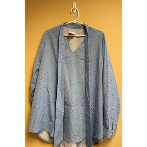 Polka Dot Light Blue Womens Blouse With V-Neck & Tie Neck Accent 2XL